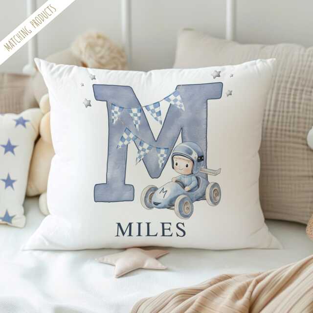 Personalised Initial Name Cushion - Boys Blue Racing Car Bedroom Deco Nursery Decor Pillow Birthday Gift Ideas Bd201 - image 1