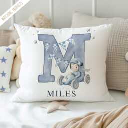 Personalised Initial Name Cushion - Boys Blue Racing Car Bedroom Deco Nursery Decor Pillow Birthday Gift Ideas Bd201 - thumbnail 1