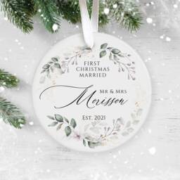 Our First Christmas Married, Personalised Ceramic Decoration, Ornament 2025, Personalized Ornament, Wedding Keepsake - thumbnail 1