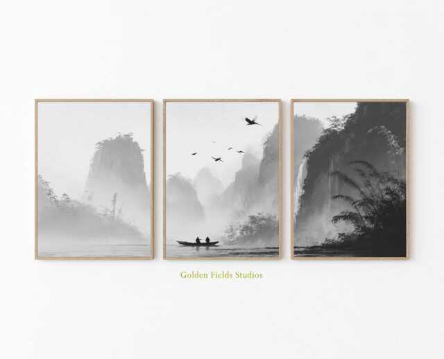 Asian Crane Wall Art Set Of 3 Chinese Ink Landscape Prints - image 1