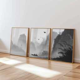Asian Crane Wall Art Set Of 3 Chinese Ink Landscape Prints - thumbnail 2