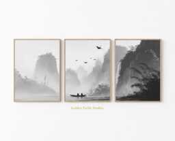 Asian Crane Wall Art Set Of 3 Chinese Ink Landscape Prints - thumbnail 1