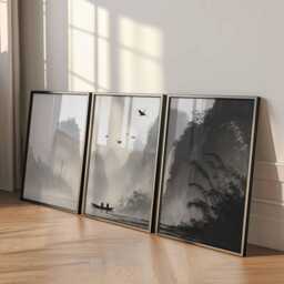 Asian Crane Wall Art Set Of 3 Chinese Ink Landscape Prints - thumbnail 3