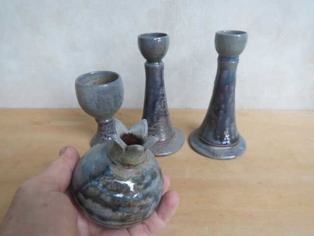 Handmade Ceramic Shabbat Set Candlesticks, Goblet, Pomegranate, Wood & Soda Fired - image 1