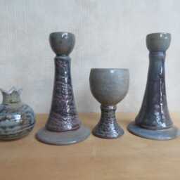 Handmade Ceramic Shabbat Set Candlesticks, Goblet, Pomegranate, Wood & Soda Fired - thumbnail 2