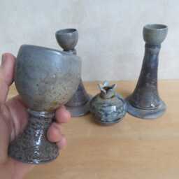 Handmade Ceramic Shabbat Set Candlesticks, Goblet, Pomegranate, Wood & Soda Fired - thumbnail 3