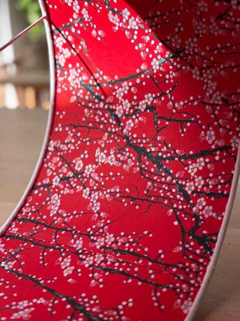 Luxury Lampshade Using Beautiful Japanese Chiyogami - Yuzen Paper Exterior Cream/White Linen, Interior Red, White Blossom Highlights - image 1