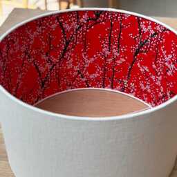 Luxury Lampshade Using Beautiful Japanese Chiyogami - Yuzen Paper Exterior Cream/White Linen, Interior Red, White Blossom Highlights - thumbnail 3