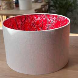 Luxury Lampshade Using Beautiful Japanese Chiyogami - Yuzen Paper Exterior Cream/White Linen, Interior Red, White Blossom Highlights - thumbnail 2