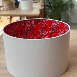 Luxury Lampshade Using Beautiful Japanese Chiyogami - Yuzen Paper Exterior Cream/White Linen, Interior Red, White Blossom Highlights - thumbnail 4