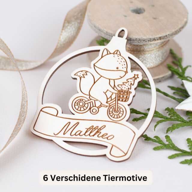 Christmas Gift For Children, Personalized Wooden Tree Pendant With Animal Motif, Decoration Name, Ball - image 1
