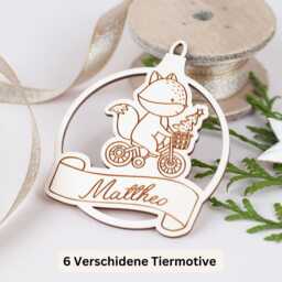 Christmas Gift For Children, Personalized Wooden Tree Pendant With Animal Motif, Decoration Name, Ball - thumbnail 1