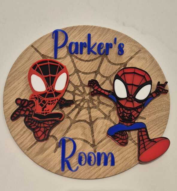 Personalised Spidey Bedroom Door Sign 3D Effect Oak Veneer Name Plaque - image 1