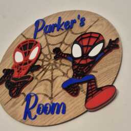 Personalised Spidey Bedroom Door Sign 3D Effect Oak Veneer Name Plaque - thumbnail 3
