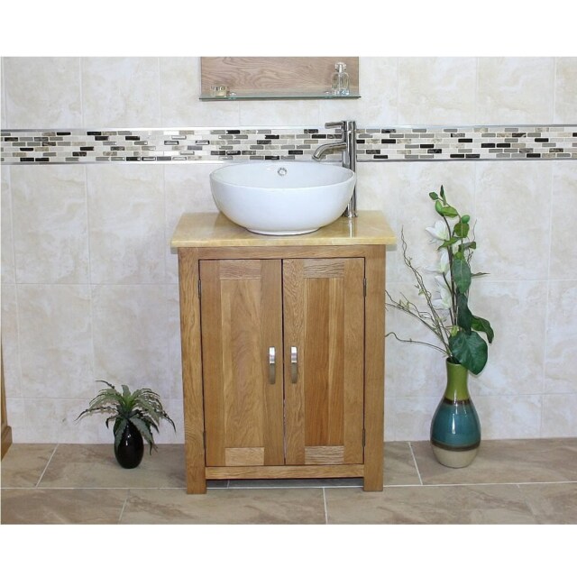 Solid Oak Bathroom Vanity Unit - Slimline Cabinet Golden Onyx Worktop Ceramic Basin Choice 310Gocbc - image 1