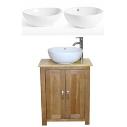 Solid Oak Bathroom Vanity Unit - Slimline Cabinet Golden Onyx Worktop Ceramic Basin Choice 310Gocbc - thumbnail 2