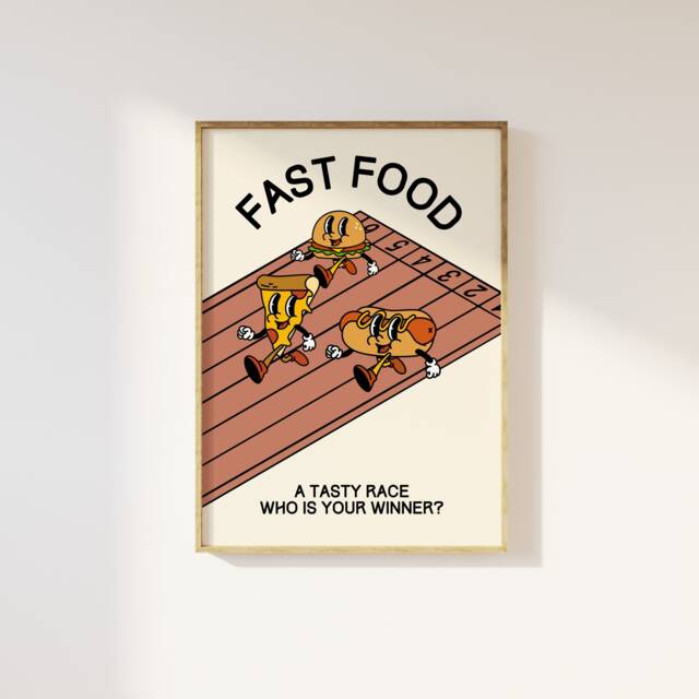 Fast Food Retro Characters Print - Burger Pizza Hotdog Fun Kitchen Print, Mascot Cartoon, Funny 60S 70S Art - image 1
