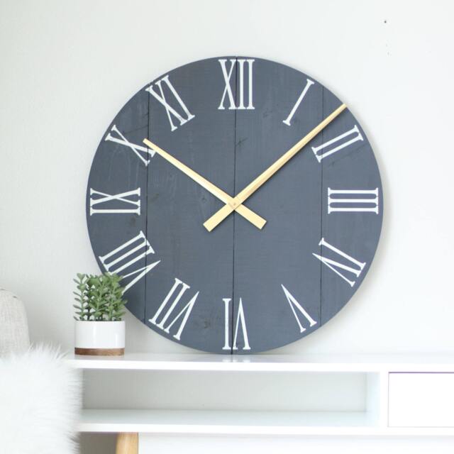 Handmade Navy Wood Wall Clock Gold Hands, Silent Sweep - image 1