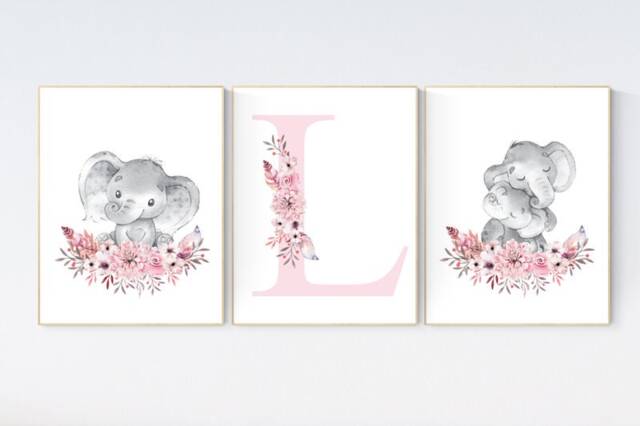 Elephant Floral Nursery Art Prints Boho Woodland Decor - image 1