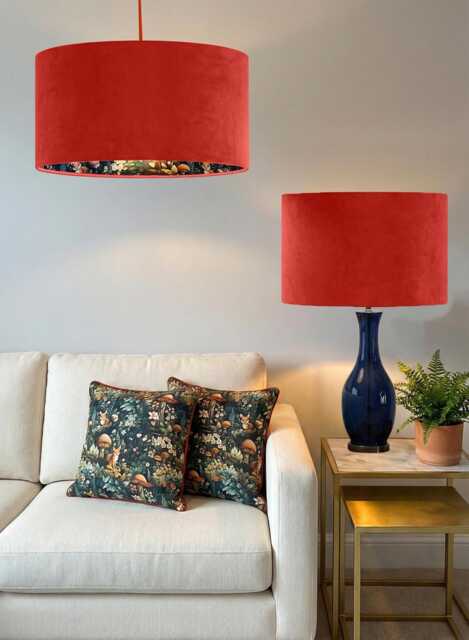 Handmade By Order Luxury Pumpkin Orange Velvet & Fox in Forest Pattern Drum Lamp Shade Pendant Light All Shapes Sizes Avail - image 1