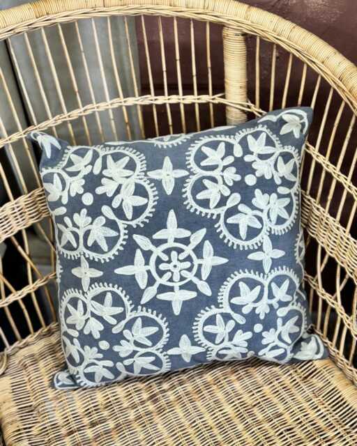 Hand-Embroidered Cushion Cover - Charcoal Cotton-Linen, Cream Floral Design - 45x45cm - image 1