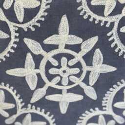 Hand-Embroidered Cushion Cover - Charcoal Cotton-Linen, Cream Floral Design - 45x45cm - thumbnail 2