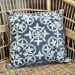 Hand-Embroidered Cushion Cover - Charcoal Cotton-Linen, Cream Floral Design - 45x45cm - thumbnail 3