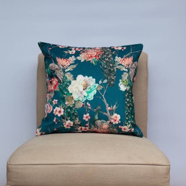 Peacock Rose Garden Velvet Cushion in Blue. Trailing Floral Vines & Pink Roses. Botanical Animal Design. 17x17 - image 1
