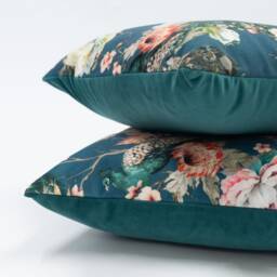 Peacock Rose Garden Velvet Cushion in Blue. Trailing Floral Vines & Pink Roses. Botanical Animal Design. 17x17 - thumbnail 3