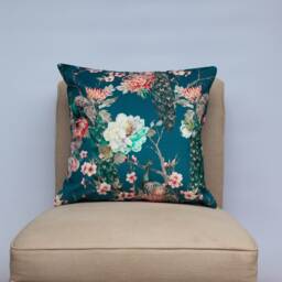 Peacock Rose Garden Velvet Cushion in Blue. Trailing Floral Vines & Pink Roses. Botanical Animal Design. 17x17 - thumbnail 1