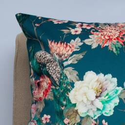 Peacock Rose Garden Velvet Cushion in Blue. Trailing Floral Vines & Pink Roses. Botanical Animal Design. 17x17 - thumbnail 2