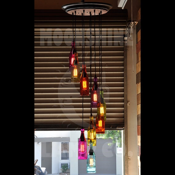 The Mardi Gras Cascade Chandelier - Recycled Bottle Pendant Light With Vintage Style Bulbs & Wood Metal Canopy Customizable Finish - image 1