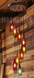 The Mardi Gras Cascade Chandelier - Recycled Bottle Pendant Light With Vintage Style Bulbs & Wood Metal Canopy Customizable Finish - thumbnail 2