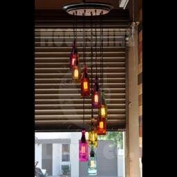 The Mardi Gras Cascade Chandelier - Recycled Bottle Pendant Light With Vintage Style Bulbs & Wood Metal Canopy Customizable Finish - thumbnail 1
