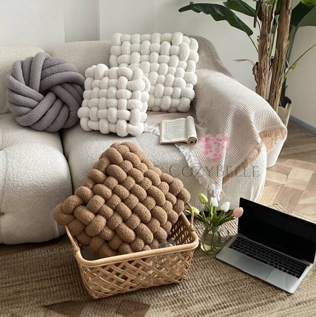 Big Nordic Woven Pillow - Fleece Throw Decor Cushion Sofa Couch Knotted Home Minimalist Design- Housewarming Gift - image 1