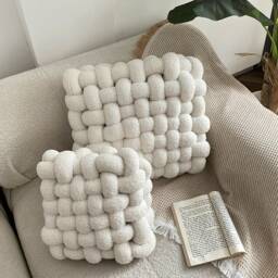 Big Nordic Woven Pillow - Fleece Throw Decor Cushion Sofa Couch Knotted Home Minimalist Design- Housewarming Gift - thumbnail 2