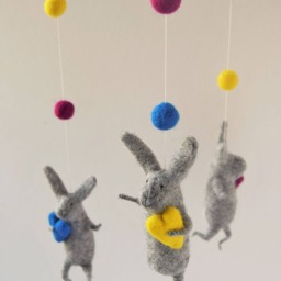 Red Blue Yellow Gray Bunny Mobile, Nursery Baby Crib Grey Mobile - thumbnail 4