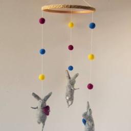 Red Blue Yellow Gray Bunny Mobile, Nursery Baby Crib Grey Mobile - thumbnail 2