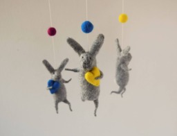 Red Blue Yellow Gray Bunny Mobile, Nursery Baby Crib Grey Mobile - thumbnail 1