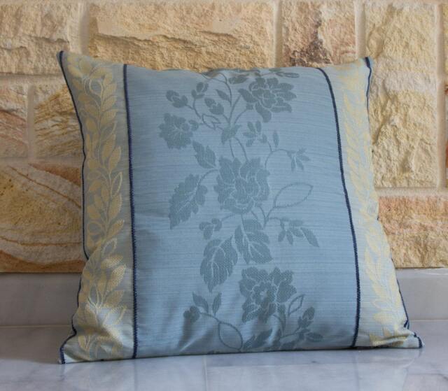 Blue Pillow Cover, Floral Cream Gold Motif, Anaglyph, Decorative, 18x18 - image 1