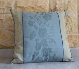 Blue Pillow Cover, Floral Cream Gold Motif, Anaglyph, Decorative, 18x18