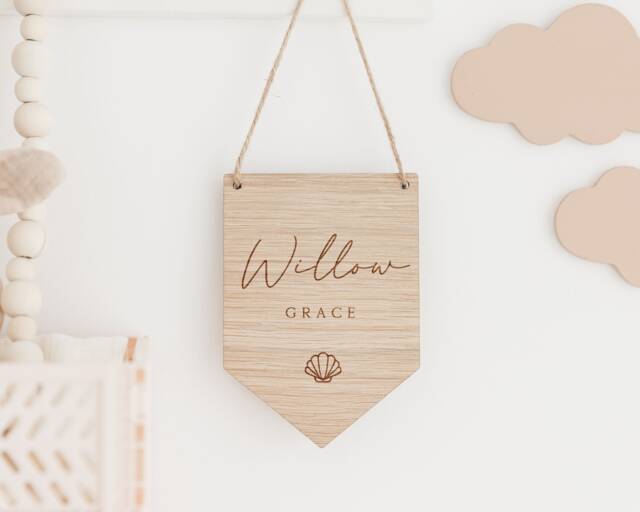Personalised Nursery Decor - Wooden Flag Baby Pennant Childrens Bedroom Shell Mermaid Ocean Under The Sea Theme - image 1