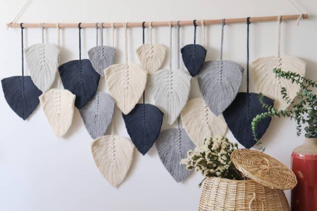 Large Macrame Wall Hanging Navy Blue Boho Feather Decor - image 1