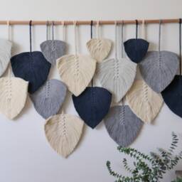 Large Macrame Wall Hanging Navy Blue Boho Feather Decor - thumbnail 2