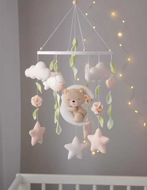 Felt Teddy Bear Moon Crib Mobile, Neutral Woodland Nursery Decor, Handmade Baby Shower Gift - image 1