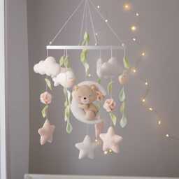 Felt Teddy Bear Moon Crib Mobile, Neutral Woodland Nursery Decor, Handmade Baby Shower Gift - thumbnail 2