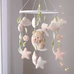 Felt Teddy Bear Moon Crib Mobile, Neutral Woodland Nursery Decor, Handmade Baby Shower Gift - thumbnail 3