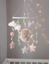 Felt Teddy Bear Moon Crib Mobile, Neutral Woodland Nursery Decor, Handmade Baby Shower Gift
