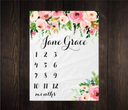 Girl Milestone Blanket Month Growth Tracker Minky Fleece Custom Personalized Baby Shower Gift Watercolor Floral Newborn - thumbnail 1