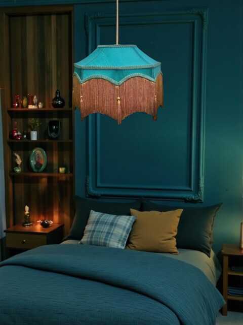 Bespoke Handmade Teal Blue Fabric Pendant Lampshade Ceiling Lights, Chandeliers, Downton Abbey Style, Antique Gold Fringe - image 1